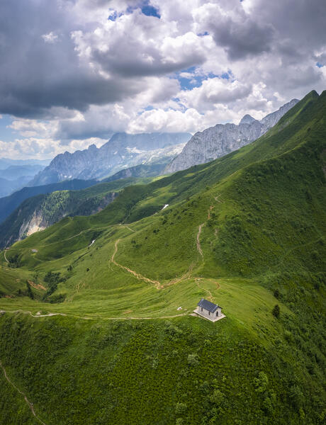 Aerial view of the small church at the top of the Manina Pass, between Scalve Valley and Seriana Valley. Nona,  Vilminore di Scalve, Scalve Valley, Lombardy, Bergamo province, Italy.