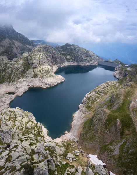 Aerial view of the Lago Nero during summer time. Valgoglio,  Val Seriana, Bergamo district, Lombardy, Italy, Southern Europe.