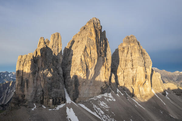 Aerial view of the Tre Cime di Lavaredo at sunrise. Misurina, Auronzo di Cadore, province of Belluno, Veneto, Italy, Europe.