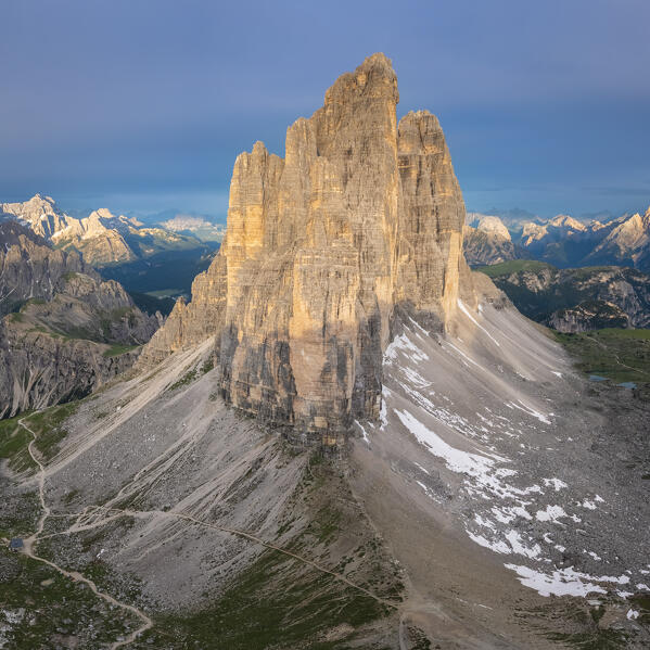 Aerial view of the Tre Cime di Lavaredo at sunrise. Misurina, Auronzo di Cadore, province of Belluno, Veneto, Italy, Europe.