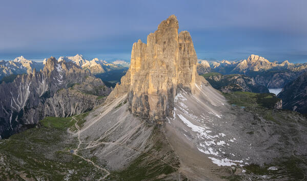 Aerial view of the Tre Cime di Lavaredo at sunrise. Misurina, Auronzo di Cadore, province of Belluno, Veneto, Italy, Europe.