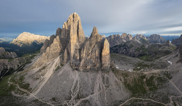 Aerial view of the Tre Cime di Lavaredo at sunrise. Misurina, Auronzo di Cadore, province of Belluno, Veneto, Italy, Europe.