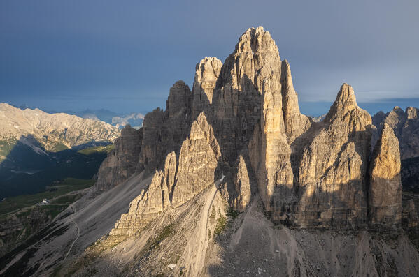 Aerial view of the Tre Cime di Lavaredo at sunrise. Misurina, Auronzo di Cadore, province of Belluno, Veneto, Italy, Europe.