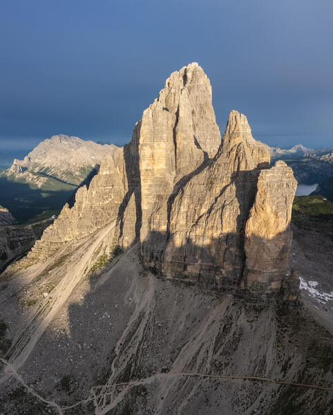 Aerial view of the Tre Cime di Lavaredo at sunrise. Misurina, Auronzo di Cadore, province of Belluno, Veneto, Italy, Europe.