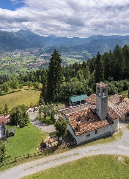 Aerial view of Val Seriana, Clusone city and Presolana from the hills of the small church of San Lucio. Val Seriana, Bergamo district, Lombardy, Italy.