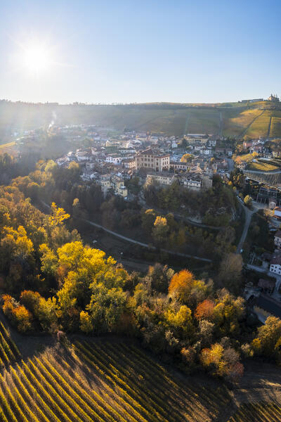 Aerial view of the typical town of Barolo and its castle Castello Falletti. Barolo, Barolo wine region, Langhe, Piedmont, Italy, Europe.