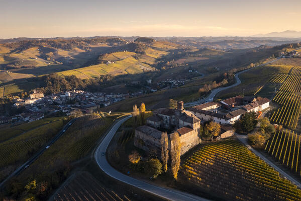 Aerial view of the winding road leading to the Castello di La Volta. Barolo, Barolo wine region, Langhe, Piedmont, Italy, Europe.