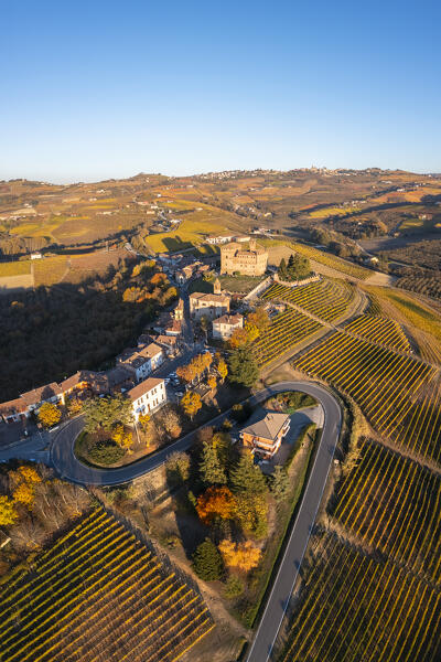 Aerial view of the medieval Castello di Grinzane Cavour. Grinzane Cavour, Langhe, Piedmont, Italy, Europe.