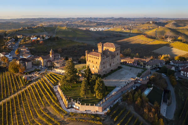 Aerial view of the medieval Castello di Grinzane Cavour. Grinzane Cavour, Langhe, Piedmont, Italy, Europe.