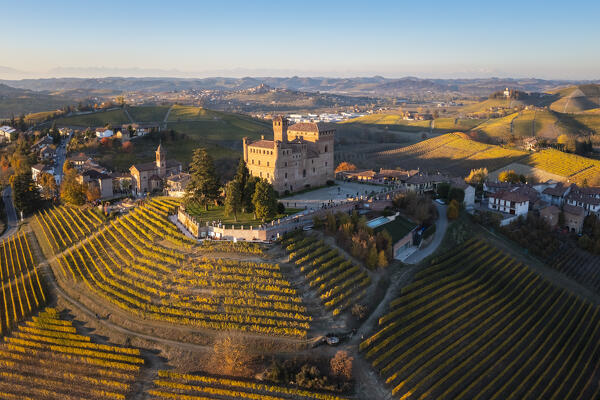 Aerial view of the medieval Castello di Grinzane Cavour. Grinzane Cavour, Langhe, Piedmont, Italy, Europe.