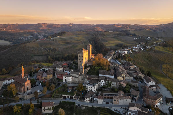 Aerial view of the medieval town of Serralunga d'Alba and its castle in autumn. Serralunga d'Alba, Langhe, Piedmont, Italy, Europe.