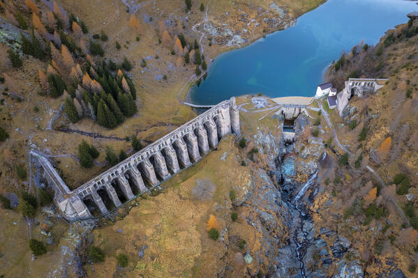 Aerial view of the ruins of the Diga del Gleno. Pianezza, Vilminore di Scalve, Scalve Valley, Lombardy, Bergamo province, Italy.