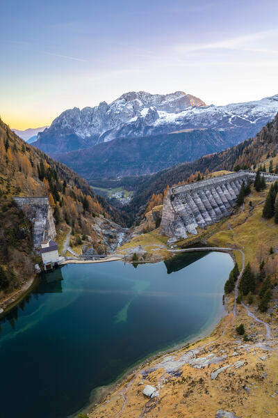 Aerial view of the ruins of the Gleno dam and Presolana mount. Pianezza, Vilminore di Scalve, Scalve Valley, Lombardy, Bergamo province, Italy.