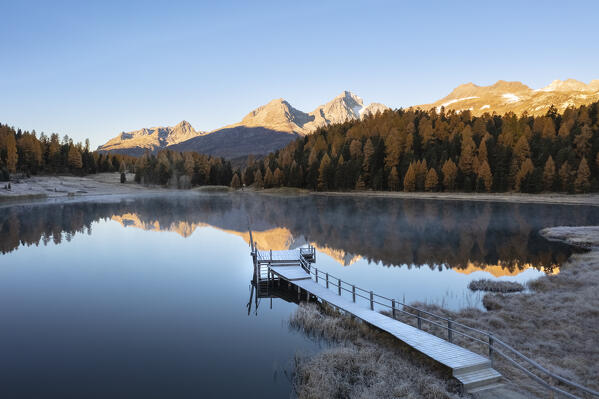 View of Staz Lake near St. Moritz at dawn. Lej da Staz, St. Moritz, canton of Graubünden, Engadine, Switzerland.