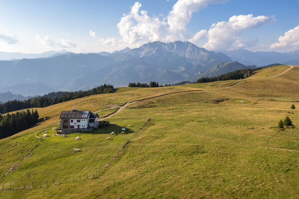 Aerial view of the Magnolini refuge during summer. Monte Alto, Costa Volpino, Bergamo district, Lombardy, Italy.