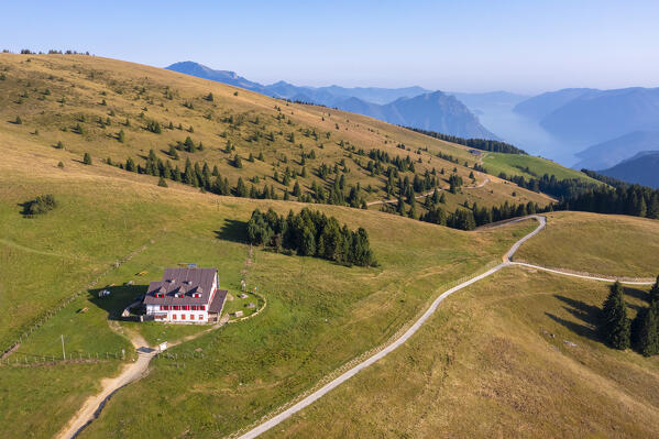 Aerial view of the Magnolini refuge during summer. Monte Alto, Costa Volpino, Bergamo district, Lombardy, Italy.