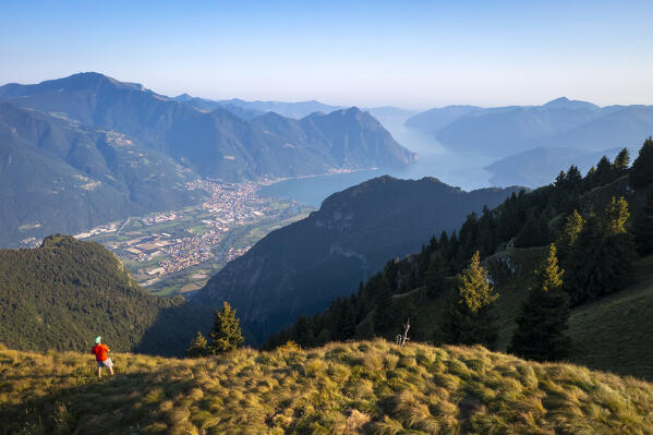 Aerial view of Iseo Lake from the top of Monte Alto during summer. Monte Alto, Costa Volpino, Bergamo district, Lombardy, Italy.
