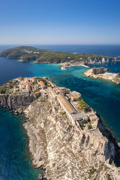 View of the Santuario di Santa Maria a Mare on the top of  Isola san Nicola with Cretaccio and Isola san Domino on the background. Tremiti Islands, Foggia district, Puglia, Italy.