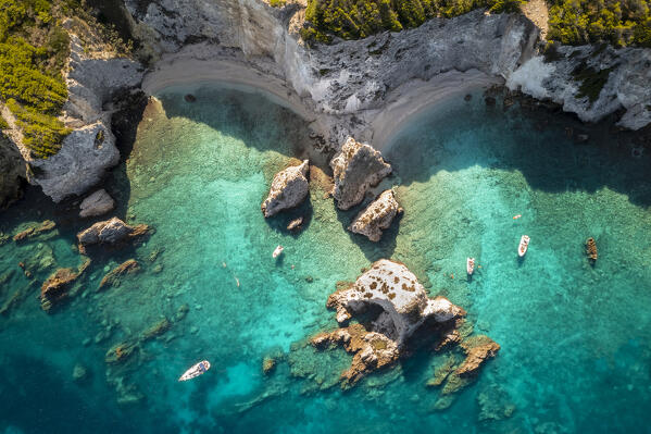 View of I Pagliai beach and cove on Isola san Domino. Tremiti Islands, Foggia district, Puglia, Italy.