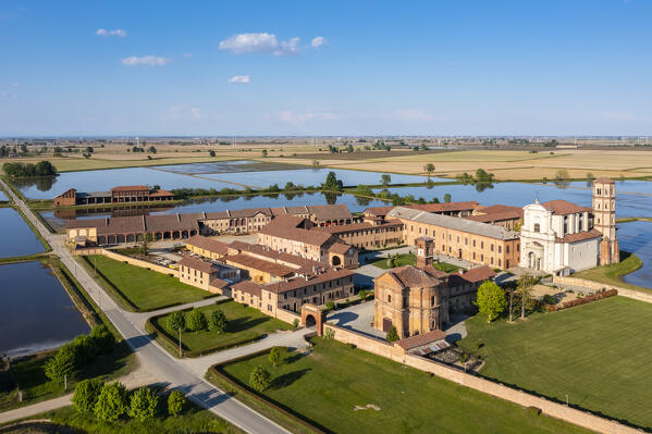 Aerial view of the Principality of Lucedio. Trino Vercellese, Vercelli district, Piedmont, Italy.
