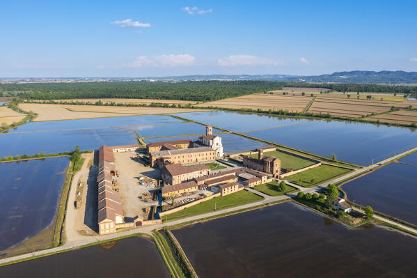 Aerial view of the Principality of Lucedio. Trino Vercellese, Vercelli district, Piedmont, Italy.