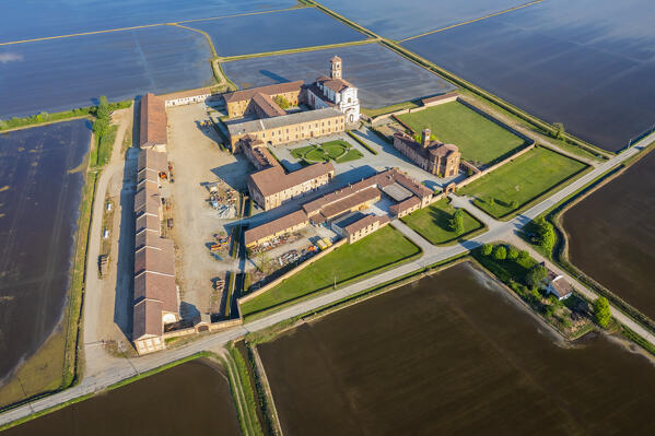 Aerial view of the Principality of Lucedio. Trino Vercellese, Vercelli district, Piedmont, Italy.