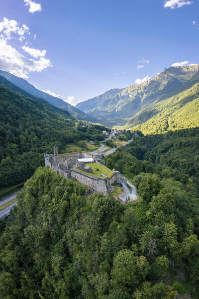 Aerial view of the ruins of Mesocco castle on the road to the San Bernardino Pass. Graubünden, Moesa district, Switzerland, Europe.