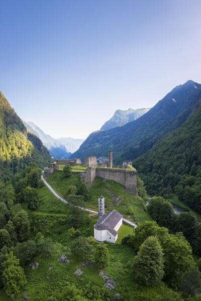 Aerial view of the ruins of Mesocco castle on the road to the San Bernardino Pass. Graubünden, Moesa district, Switzerland, Europe.