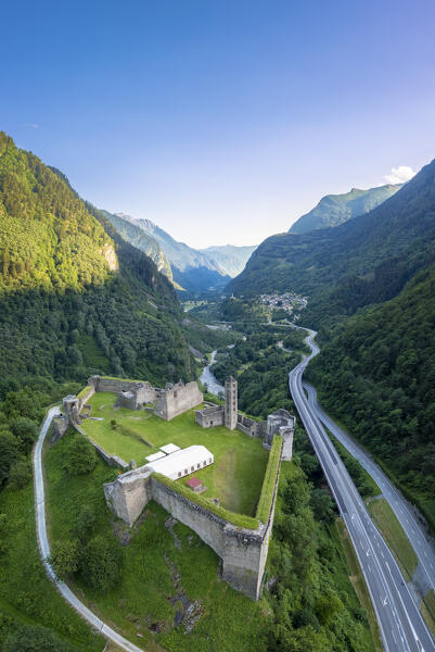 Aerial view of the ruins of Mesocco castle on the road to the San Bernardino Pass. Graubünden, Moesa district, Switzerland, Europe.