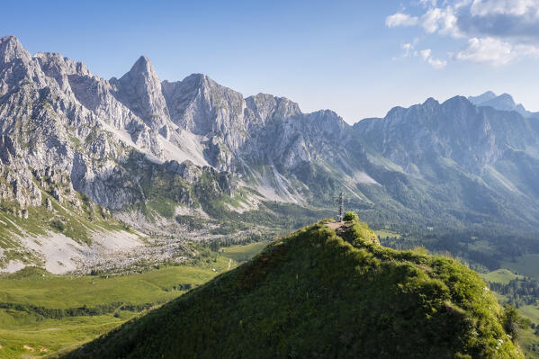 Aerial view of the Campelli di Schilpario and Cimone della Bagozza in spring from the cross of Monte Campioncino. Schilpario, Val di Scalve, Bergamo district, Lombardy, Italy, Southern Europe.