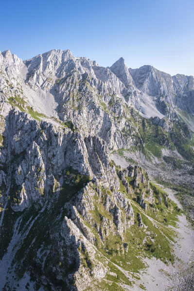 Aerial view of the Campelli di Schilpario and Cimone della Bagozza in spring from the cross of Monte Campioncino. Schilpario, Val di Scalve, Bergamo district, Lombardy, Italy, Southern Europe.