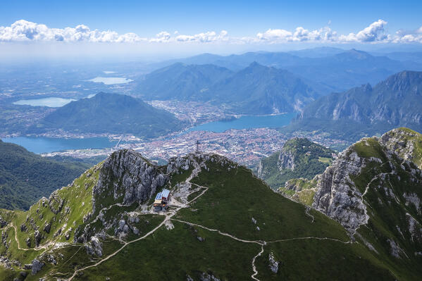 Aerial view of the top of Monte Resegone and Rifugio Azzoni. Lecco, Lombardy, Italy, Europe.