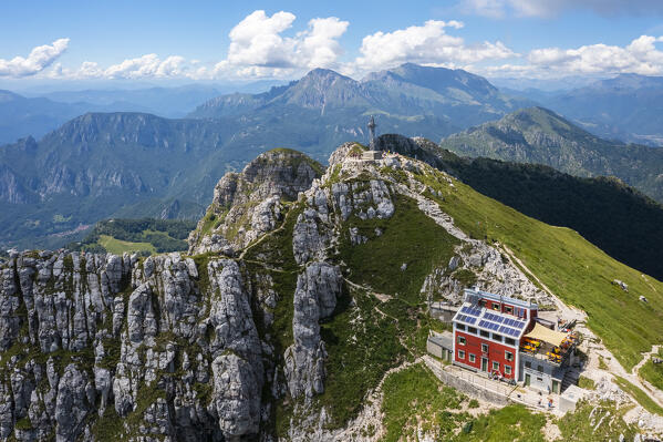 Aerial view of the top of Monte Resegone and Rifugio Azzoni. Lecco, Lombardy, Italy, Europe.