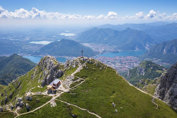 Aerial view of the top of Monte Resegone and Rifugio Azzoni. Lecco, Lombardy, Italy, Europe.