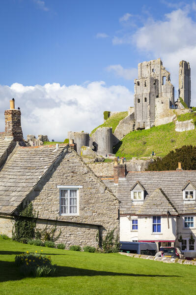 View of the old town and the ruins of Corfe Castle. Dorset, England, United Kingdom.