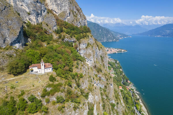 Aerial view of the San Martino church in Griante overlooking Lake Como. Griante, Como district, Lombardy, Italy, Europe.