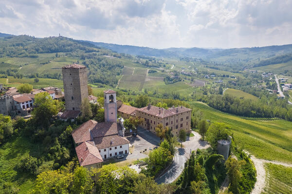 Aerial view of the Soriasco tower in Santa Maria della Versa. Cigognola, Oltrepo Pavese, Pavia district, Lombardy, Italy.
