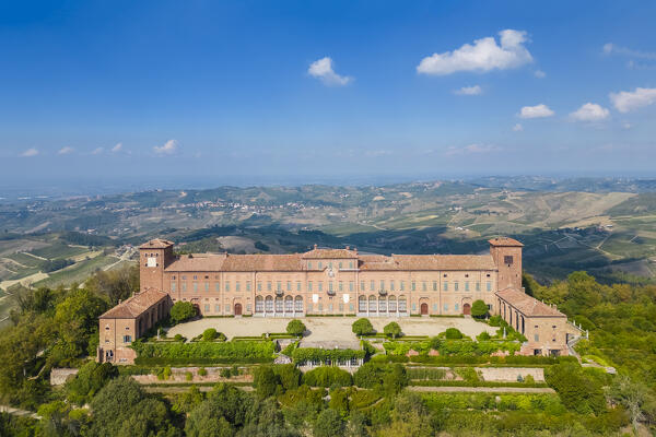 Aerial view of the Montalto castle on a hill overlooking all of Oltrepo Pavese. Montalto Pavese, Oltrepo Pavese, Pavia district, Lombardy, Italy.