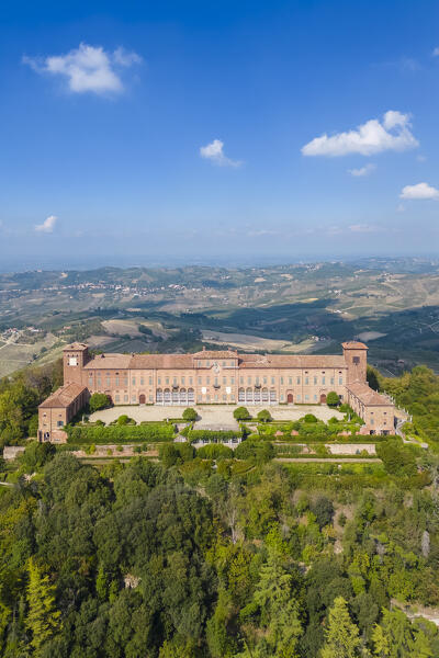 Aerial view of the Montalto castle on a hill overlooking all of Oltrepo Pavese. Montalto Pavese, Oltrepo Pavese, Pavia district, Lombardy, Italy.