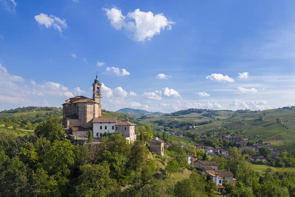 Aerial view of the Santuario della Passione or Santuario Santa Maria with the sacred mount. Torricella Verzate, Oltrepo Pavese, Pavia district, Lombardy, Italy.