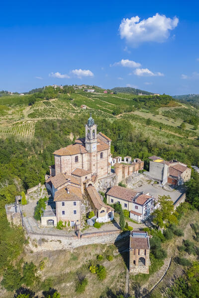 Aerial view of the Santuario della Passione or Santuario Santa Maria with the sacred mount. Torricella Verzate, Oltrepo Pavese, Pavia district, Lombardy, Italy.