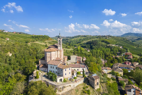 Aerial view of the Santuario della Passione or Santuario Santa Maria with the sacred mount. Torricella Verzate, Oltrepo Pavese, Pavia district, Lombardy, Italy.