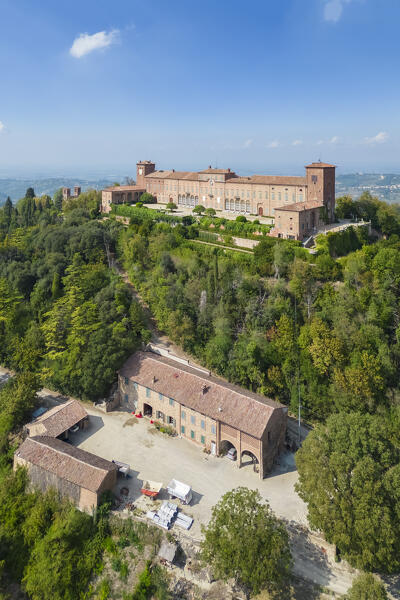 Aerial view of the Montalto castle on a hill overlooking all of Oltrepo Pavese. Montalto Pavese, Oltrepo Pavese, Pavia district, Lombardy, Italy.
