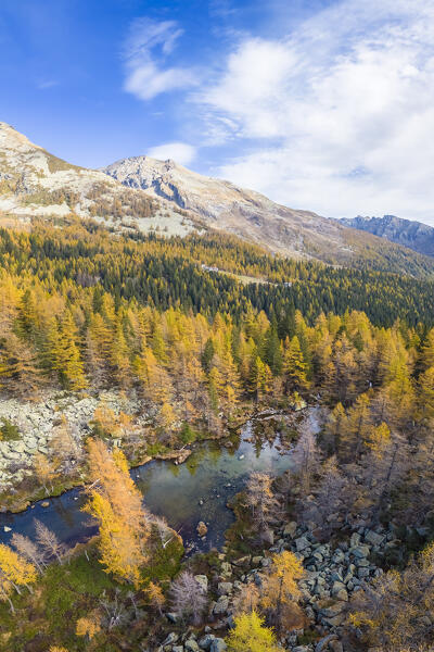 Aerial view of the Lago di Arza in autumn. Bognanco, Val Bognanco, Piedmont, Italy.