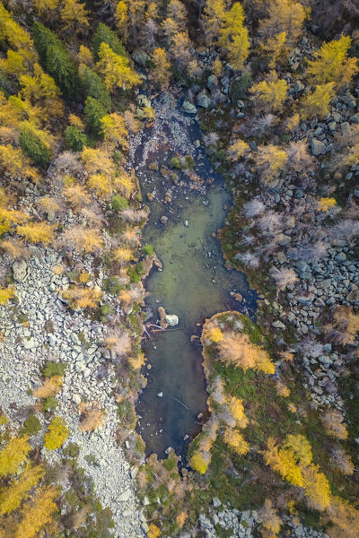 Aerial view of the Lago di Arza in autumn. Bognanco, Val Bognanco, Piedmont, Italy.