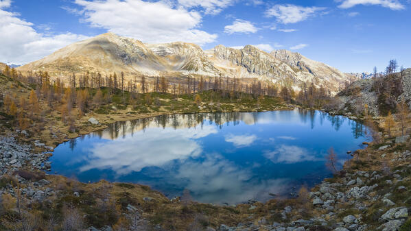 Aerial view of the Ragozza lake in autumn. Bognanco, Val Bognanco, Piedmont, Italy.