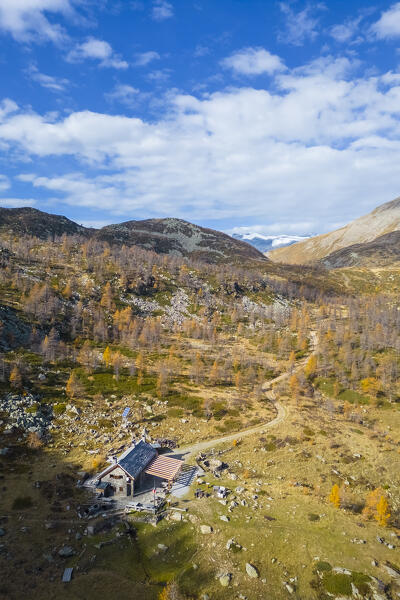 Aerial view of Gattascosa refuge near Monscera pass in autumn. Bognanco, Val Bognanco, Piedmont, Italy.