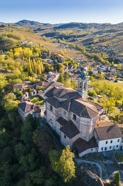 Aerial view of the Santuario della Passione or Santuario Santa Maria with the sacred mount. Torricella Verzate, Oltrepo Pavese, Pavia district, Lombardy, Italy.