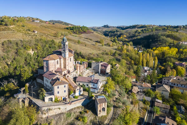 Aerial view of the Santuario della Passione or Santuario Santa Maria with the sacred mount. Torricella Verzate, Oltrepo Pavese, Pavia district, Lombardy, Italy.