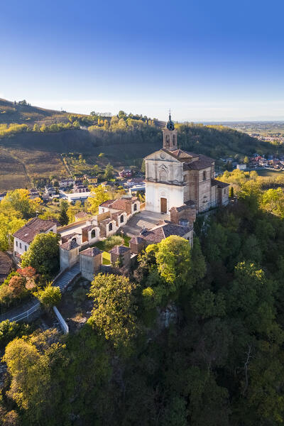 Aerial view of the Santuario della Passione or Santuario Santa Maria with the sacred mount. Torricella Verzate, Oltrepo Pavese, Pavia district, Lombardy, Italy.